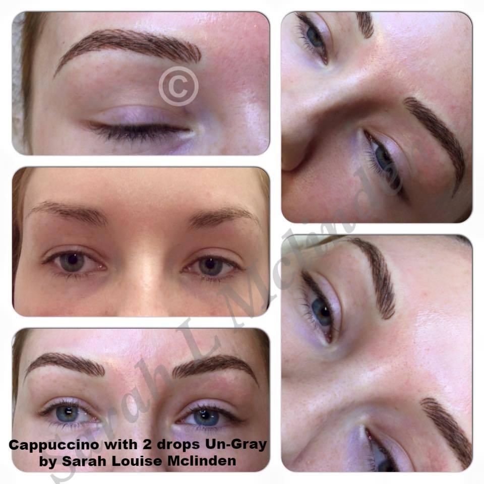 Before and after eyebrow pigmentation using Li Pigments Aqua Cappuccino by Sarah Louise Mclinden, showcasing warm medium brown results for natural-looking permanent makeup.