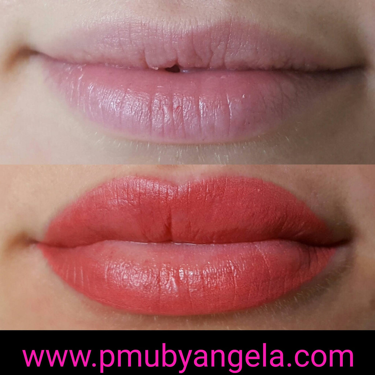 Before and after lip permanent makeup procedure using Li Pigments Forever Lips Bubble Gum by Angela Torresiani.