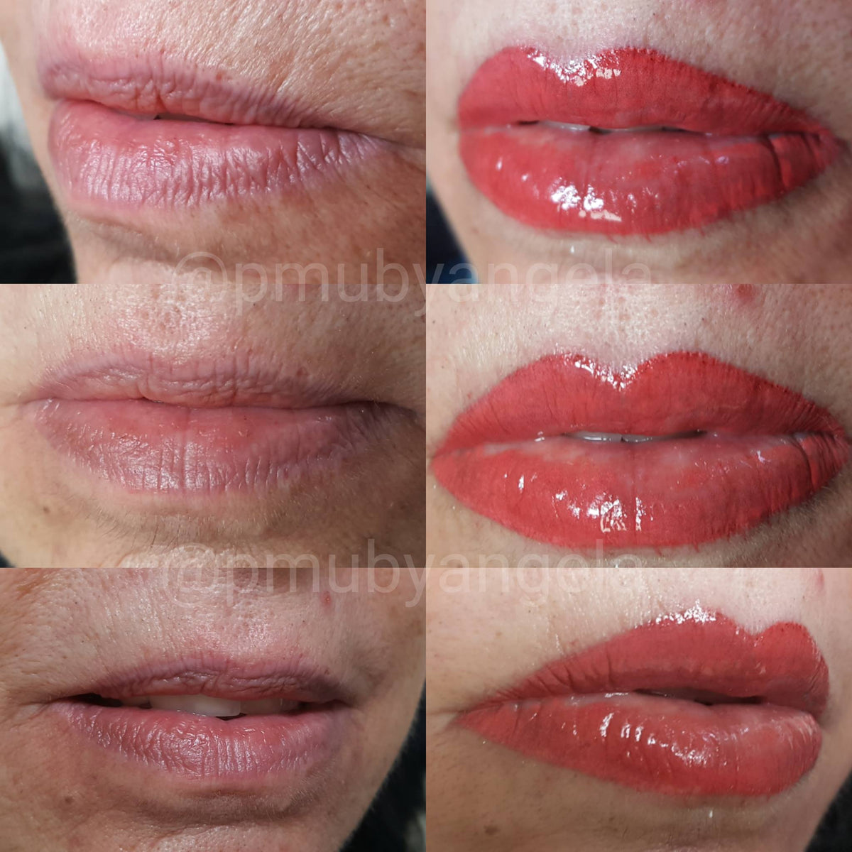 Lip permanent makeup transformation using Li Pigments Forever Lips Bubble Gum by Angela Torresiani.